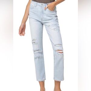 VERVET, Super High Rise Distressed Crop Straight Jeans, Light Blue